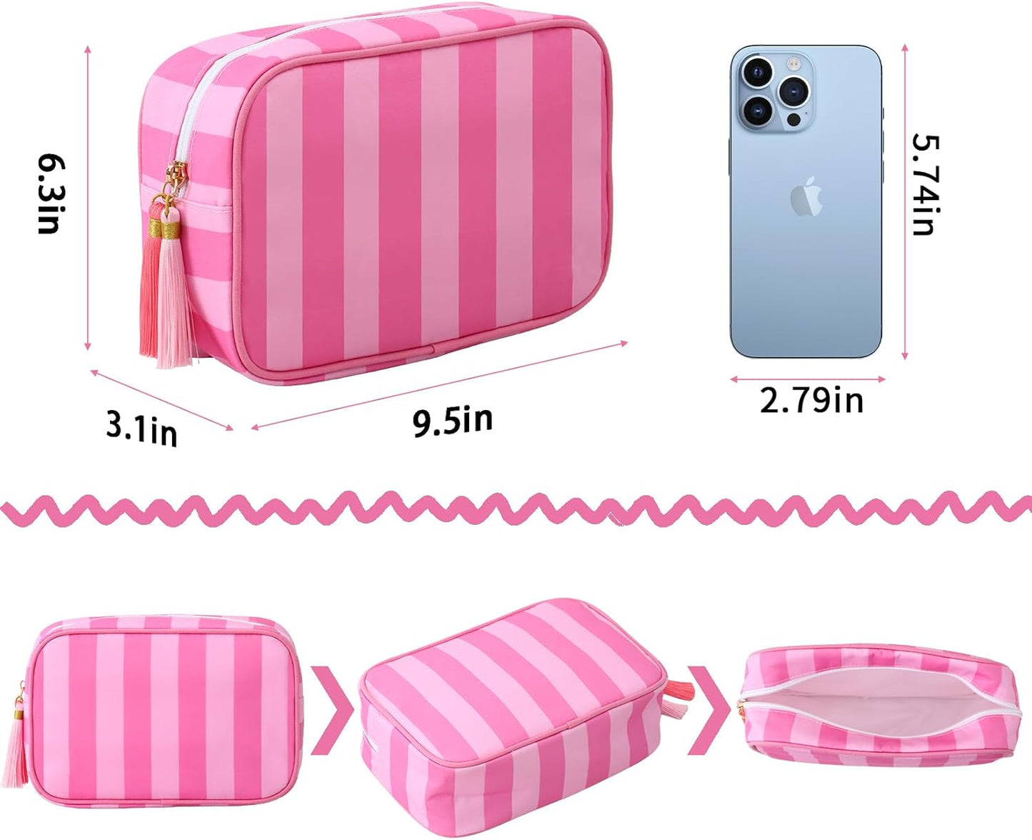 Stripe Makeup Bag Travel Cosmetic Bag Organizer Tassel Toiletry Bag Large Canvas Zipper Pouch and Accessories Storage Bag for Women