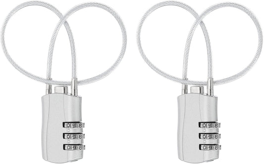 MECCANIXITY 2 Pcs Luggage Travel Lock, 3 Digit Cable Combination Lock 1-3/16" Width Body with 12" Long Cable for Suitcase Bag Cabinets Small Fences Gym, Silver