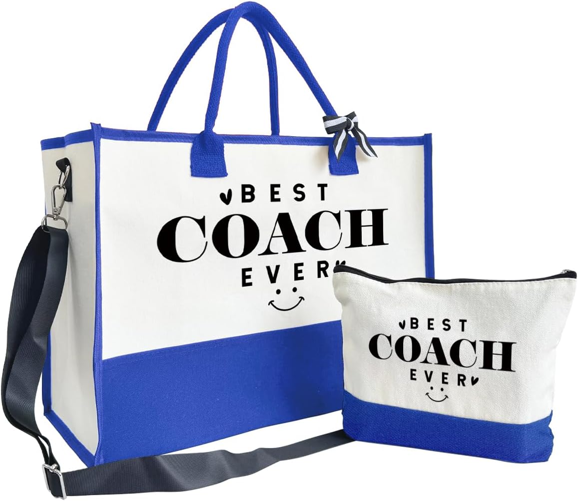 SUSZDOU Gifts for Best Coach Ever - Canvas Beach Tote Bag with Matching Makeup Pouch, Durable Travel Gym Camping Bag, Thank You Gift for Sports Coach, Female Trainers Gifts for Women G1