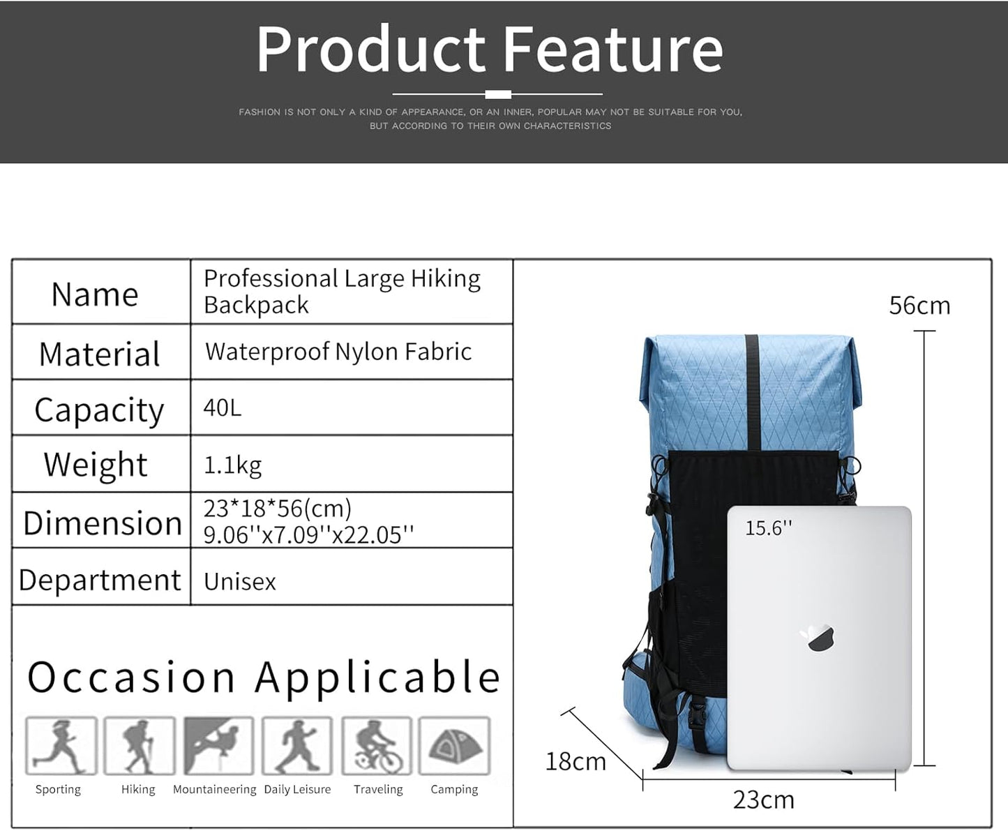 Hiking Backpack,30L +10L Extra Large Capacity Hiking Bag,Internal Frame Camping Backpack,Upgraded X-PAC Lightweight Sport Daypack Travel Backpacks Fit For Mountain Climbing Camping (Blue)