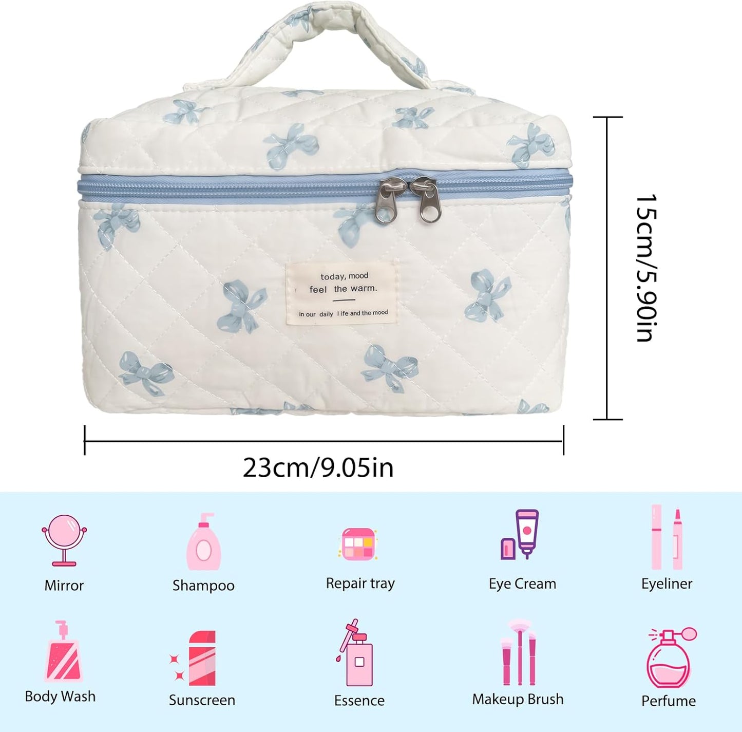 Quilted Makeup Bag, Large Capacity Travel Cosmetic Bag for Women and Girls, Aesthetic Storage for Daily and Travel Use (Bow Quilted)