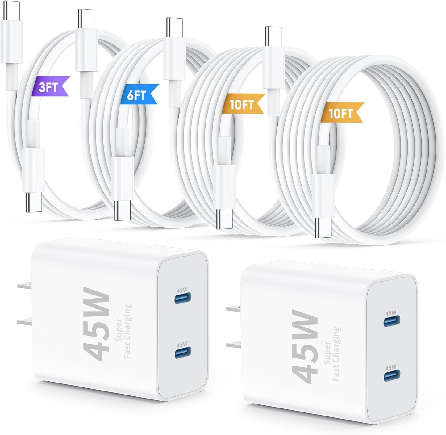 iPhone 17 16 15 Pro Max Charger Fast Charging,45W Dual Port USB C Fast Charger Block [2-Pack] & Extra Long 60W 3/6/10/10FT USB C Cable - PD Quick Adapter 3.0 for iPhone 16 15 17/16 15 17 Pro.