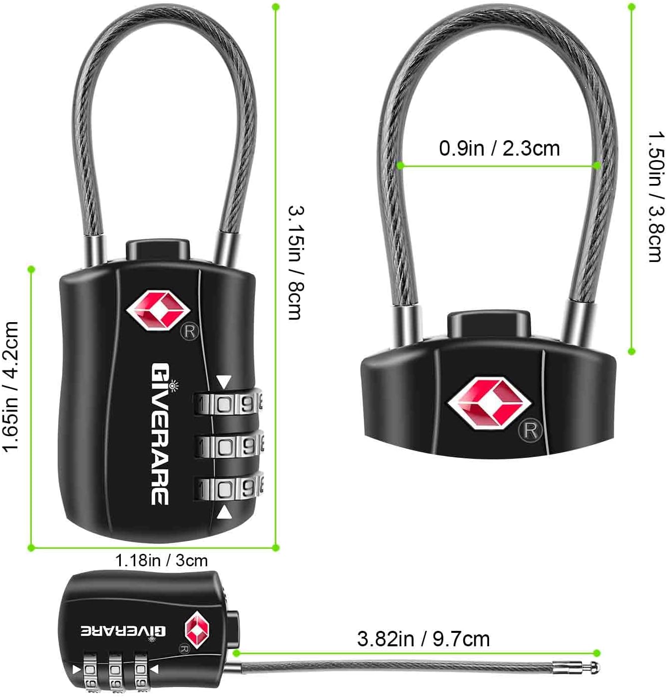 GIVERARE 4 Pack TSA Approved Luggage Locks, Combination Travel Cable Lock, Re-settable 3-Digit