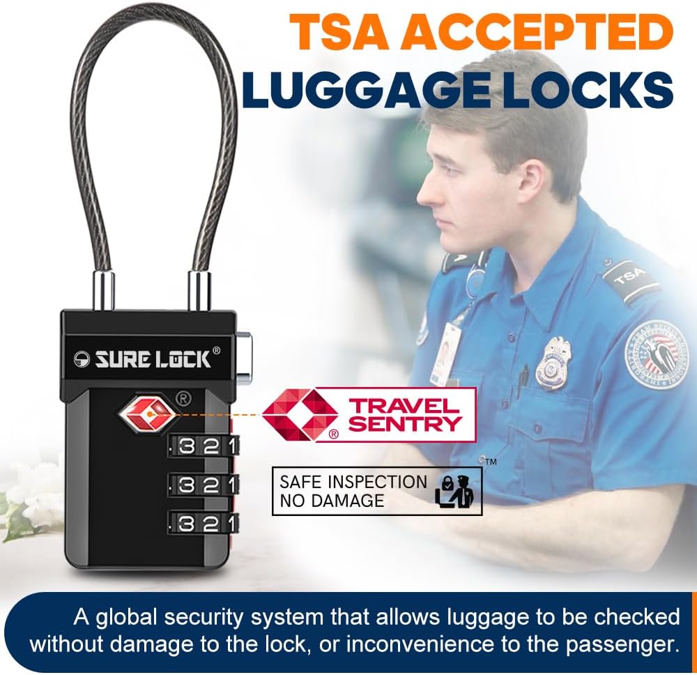 SURE LOCK TSA Approved 3-Digit Combination Luggage Locks – Open Alert Indicator, Re-settable Code
