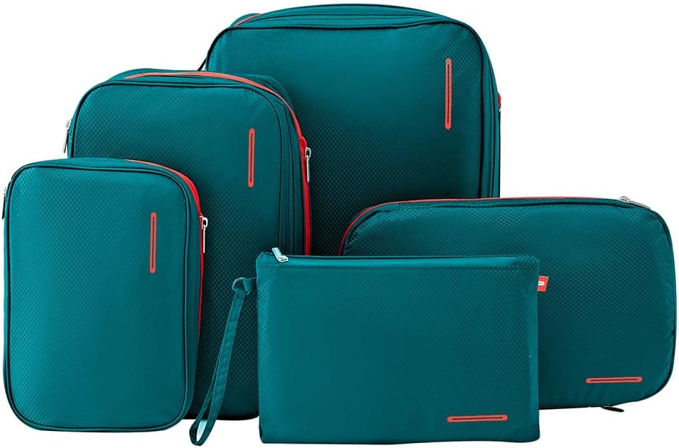Bee Nesting Waterproof Compression Packing Cubes 5/6/8 sets, Large Travel Packing organizers for Carry on Luggage, 2 Sides Expandable Storage Bags (Dark Green, G5set)