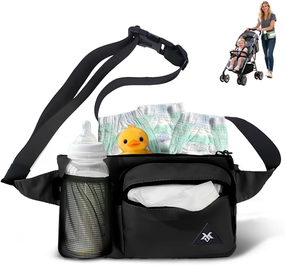 small fanny pack diaper bag,for women,with water bottle holder and tissue pocket,lightweight adjustable transverse nylon waist bag,for travel,picnic,daily use,black