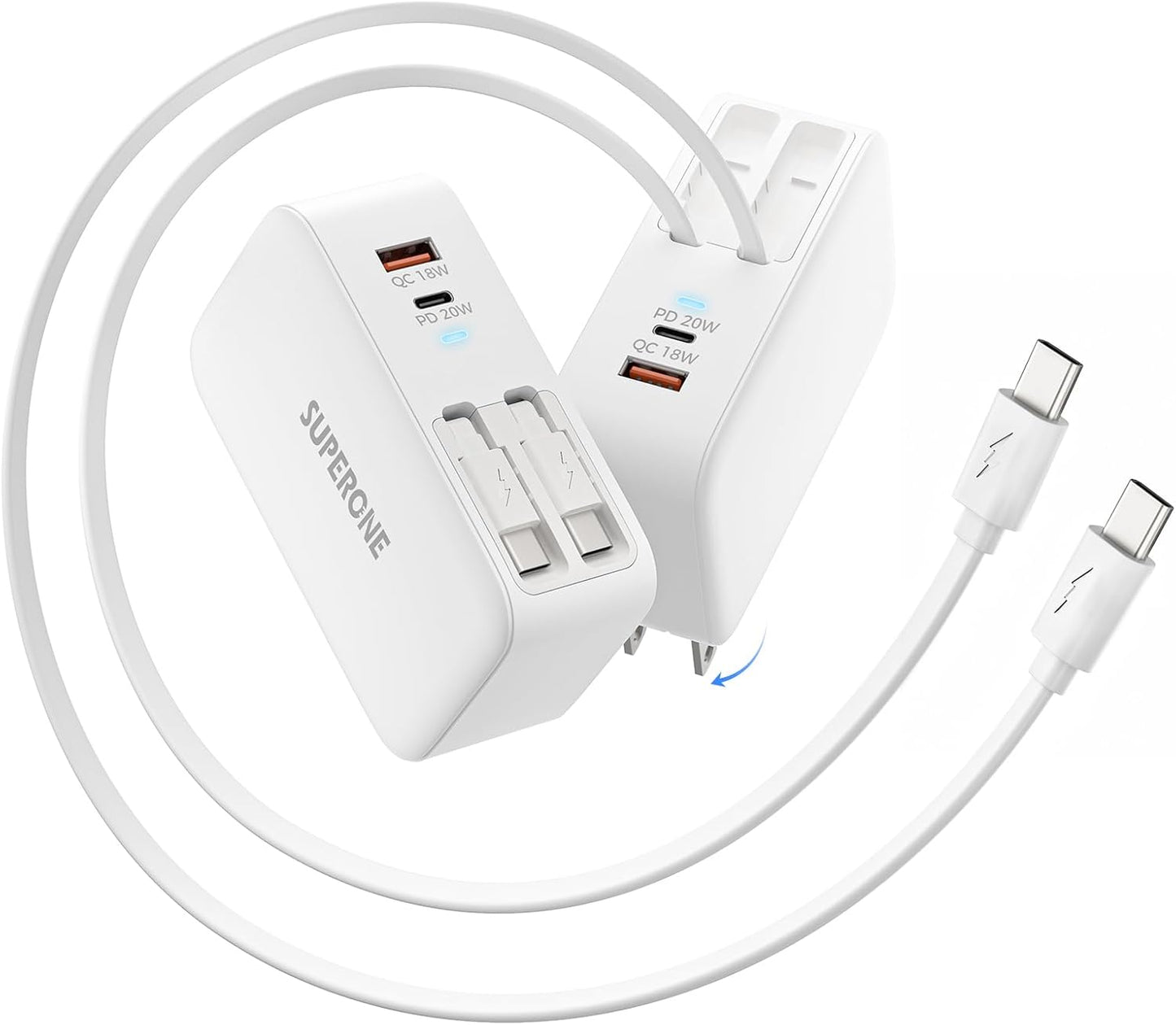 SUPERONE Retractable iPhone Charger, 4-Port USB C Charger Block, iPhone Chargers Fast Charging with Dual USB C Cable, Wall Chargers for iPhones 17/16/15/14/13/12/11 Series, Pad, Samsung, Pixel