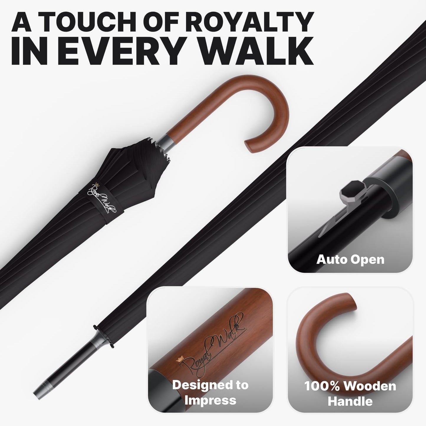 Royal Walk Windproof Large Umbrella for Rain 54 Inch Automatic Open for 2 Persons Wind Resistant Big Golf Umbrellas for Adult Men Women Classic Wooden Handle Fast Drying Strong 16 Ribs Travel 120cm