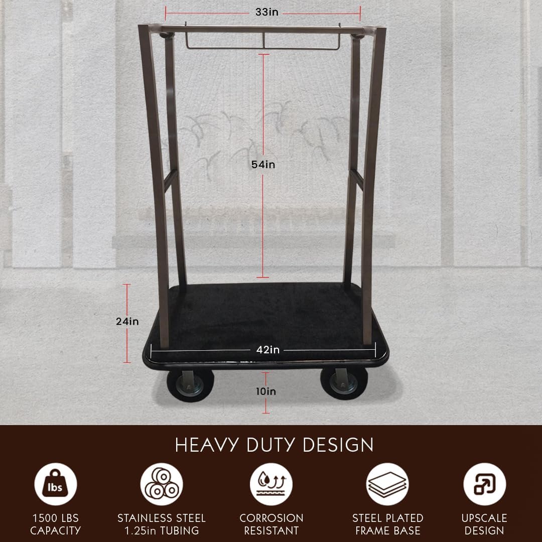 MonarchCarts Hotel Luggage Cart, Premium Quality Stainless Steel, Full Wrap-Around Bumper, 1.25in Tubing, 8in Inflatable Wheels, 1500lbs Capacity - Hotel Bellman’s Cart Ideal for Valet Luggage