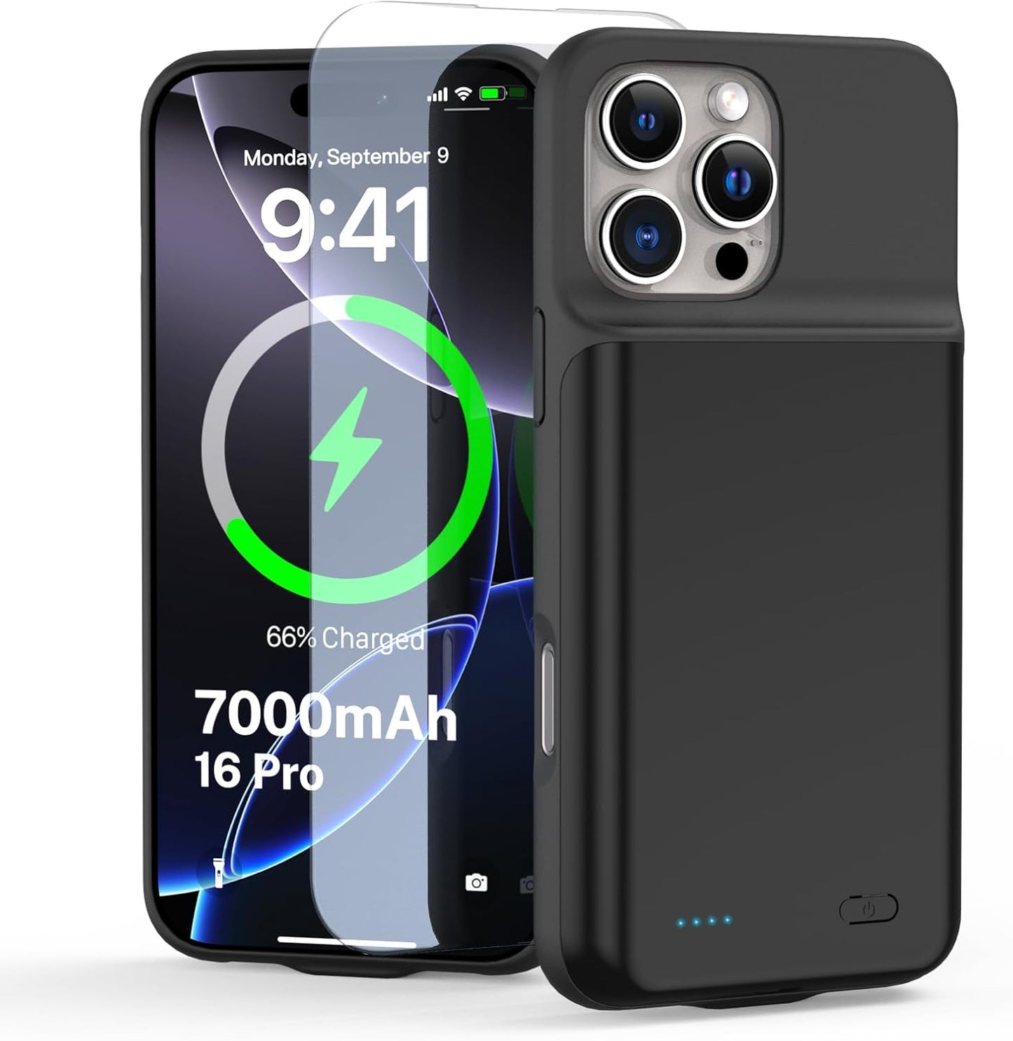 Battery Case for iPhone 16 Pro (6.3 inch),Charging Case Charger Ultra-Slim 7000mAh Rechargeable Portable Extended Charger Case Cover w/Tempered-Glass Protector - Black