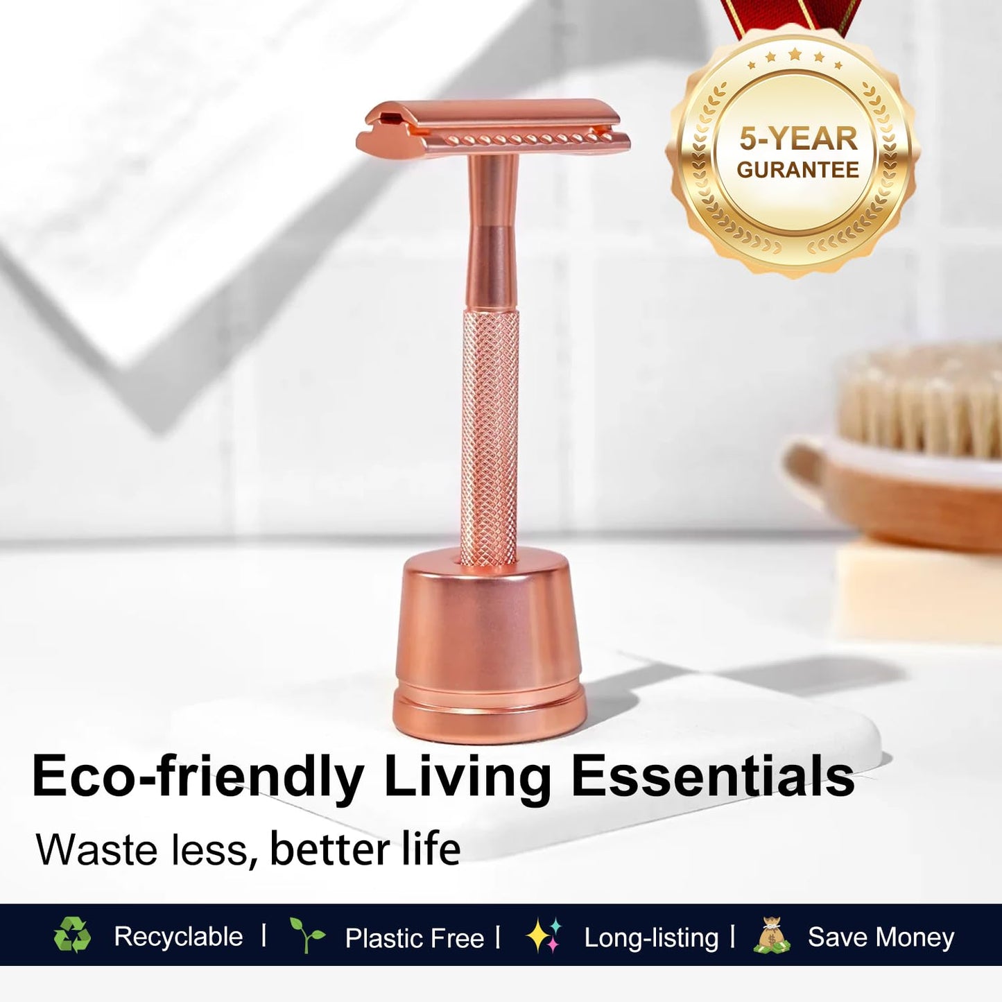 Safety Razor with Stand, Single Blade Razors for Women and Men, Reusable Metal Razor, with 10 Double Edge Blades, Smooth Close Shave, Plastic Free, Rose Gold