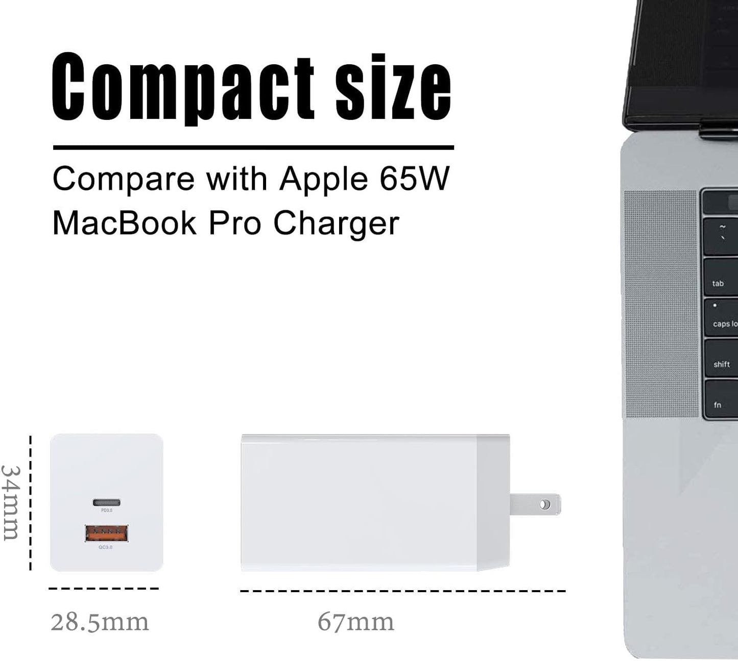 65W USB C Charger, PD QC 3.0 Fast Charging Type C Wall Charger Block, 2 Ports USB-C Power Adapter for iPhone 16 15 14 iPad Pro,for MacBook Pro Foldable Power Adapter (White)