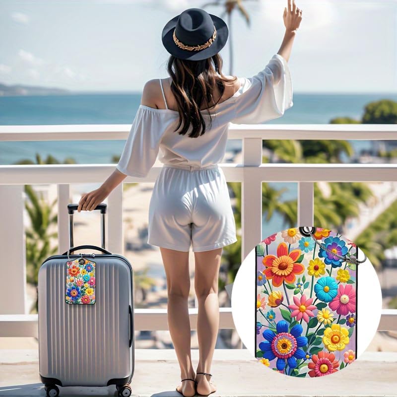 2 Pack Wildflowers Leather Luggage Tags for Suitcases, Travel Bag Tags with Privacy Cover ID Label with Stainless Steel Loop for Women Men Girls Backpack Gift (Red Blue)