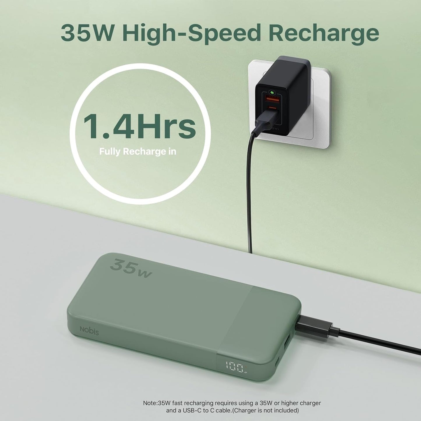NOBIS Portable Charger, 10000mAh Power Bank Fast Charging, Battery Pack with C to C Cable, Battery Bank with Digital Display for iPhone iPad Android etc (Green, 35W)
