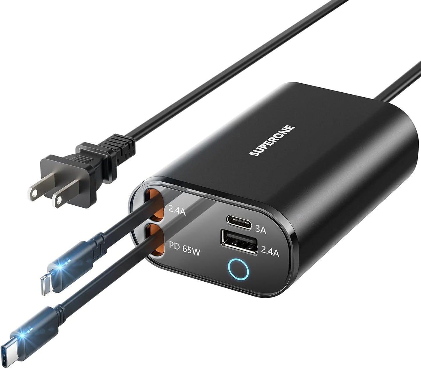 SUPERONE 104W Retractable Charger, 4-Port Retractable Wall Charger PD 65W for MacBook, Charging Station with 3ft Retractable USB C & Apple Cable, Desktop Charger for iPhone 17 16 15 14, iPad, Laptop