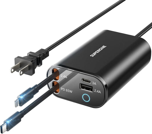 SUPERONE 104W Retractable Charger, 4-Port Retractable Wall Charger PD 65W for MacBook, Charging Station with 3ft Retractable USB C & Apple Cable, Desktop Charger for iPhone 17 16 15 14, iPad, Laptop
