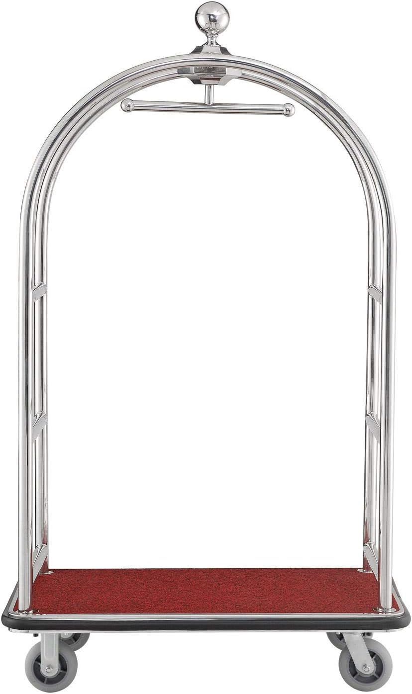 Global Industrial Silver Stainless Steel Bellman Cart Curved Uprights 6" Rubber Casters, 41-1/4"L x 24" W x 73" H, Hotel Luggage Cart for Commercial Use, Condos, Resorts