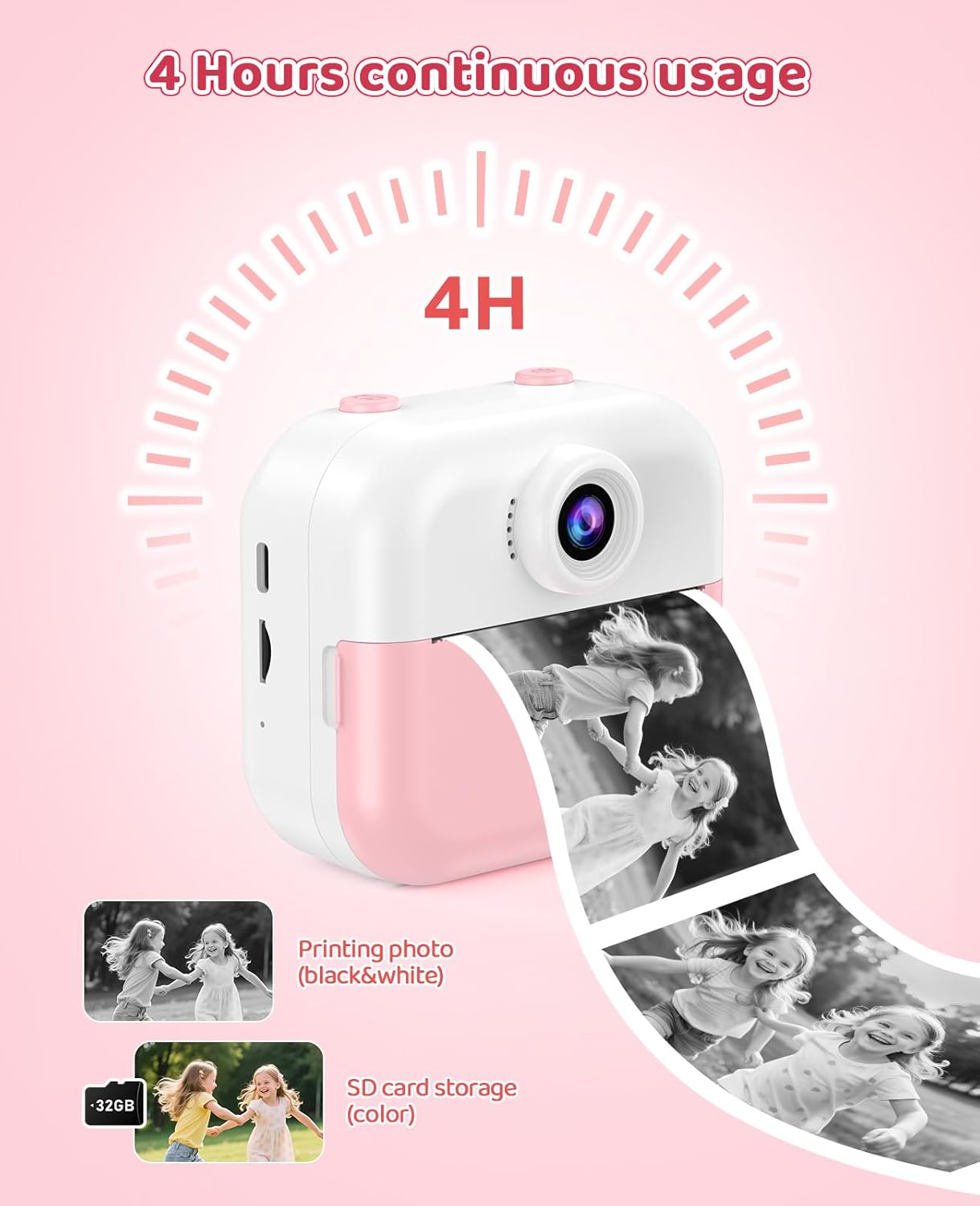 Instant Print Front Rear Dual Selfie Kids Camera for Kids Christmas Birthday Gifts for Girls Age