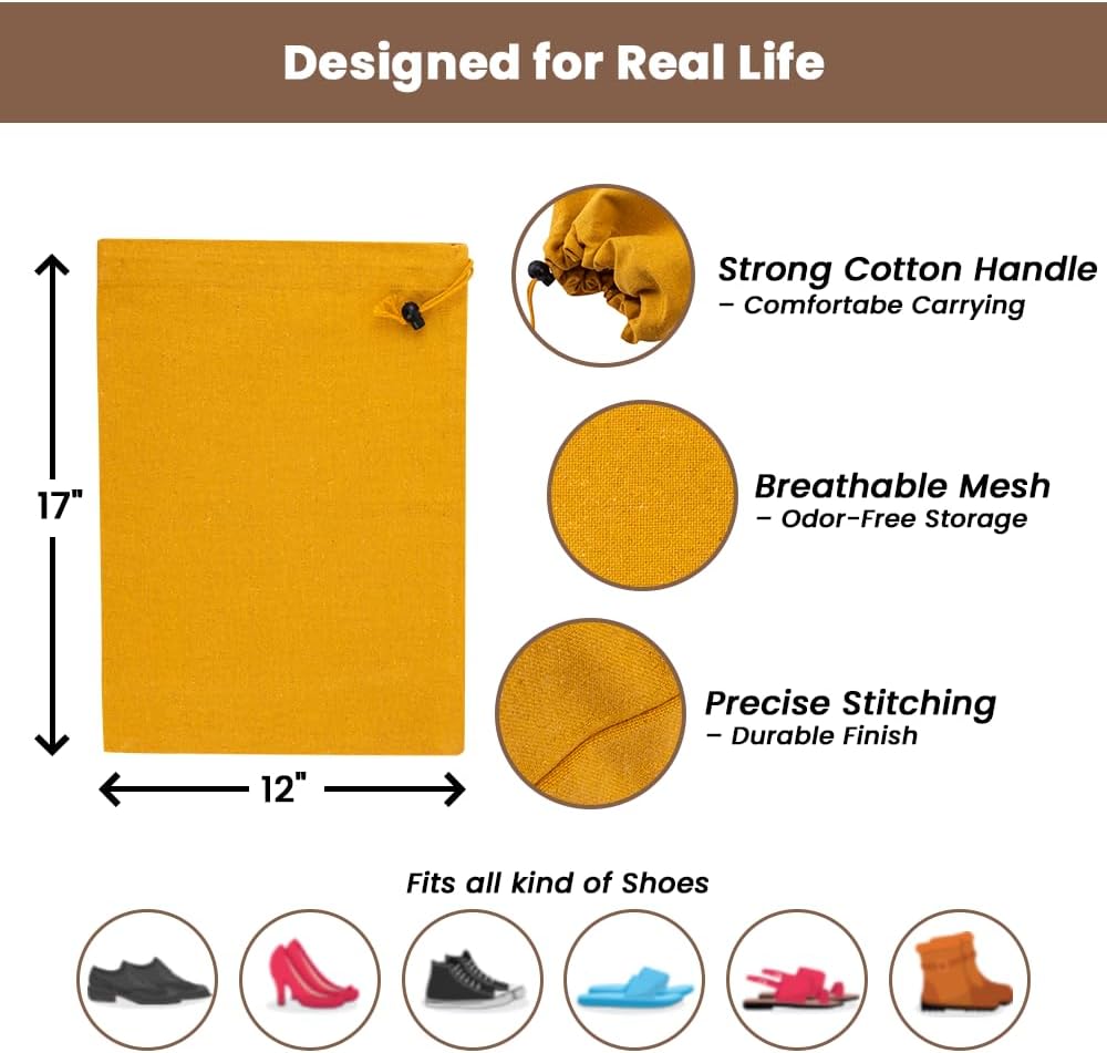 LFH Cotton Rich Shoe Storage Bags with Drawstring, Dustproof Breathable Reusable Organizer, Perfect For Travel, Dorm, Hotel, College, Gym, Easy to Carry, Machine Washable 12"x17" (Pack of 4) - Golden
