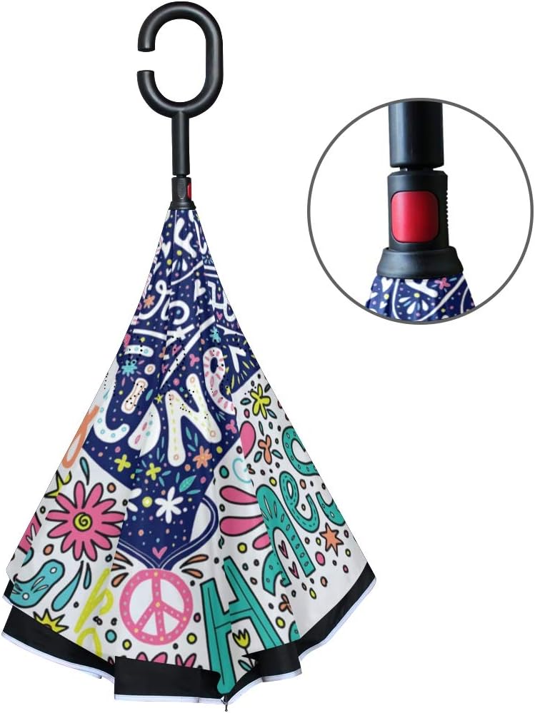 ALAZA Floral Peace Sign Gesture Windproof Inverted Open Close Reverse Rain Umbrella Inside Out Quality Waterproof Parasol Upside Down Stick Shelter with Hook c Handle