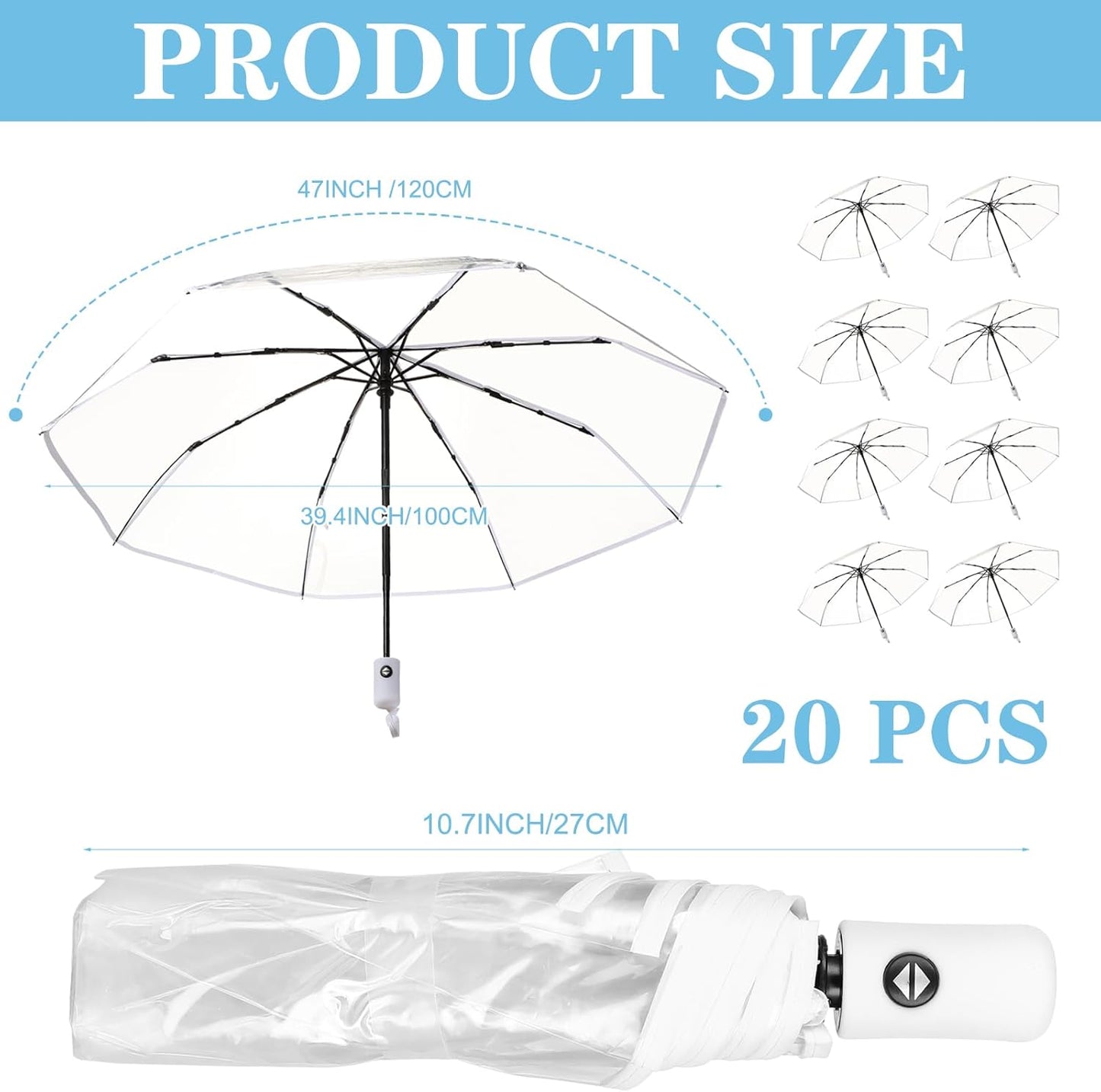 20pcs Clear Umbrellas 42 Inch Foldable Lightweight Transparent Umbrella Automatic Open Transparent Travel Umbrella for Women and Men for Rain Outdoor Wedding