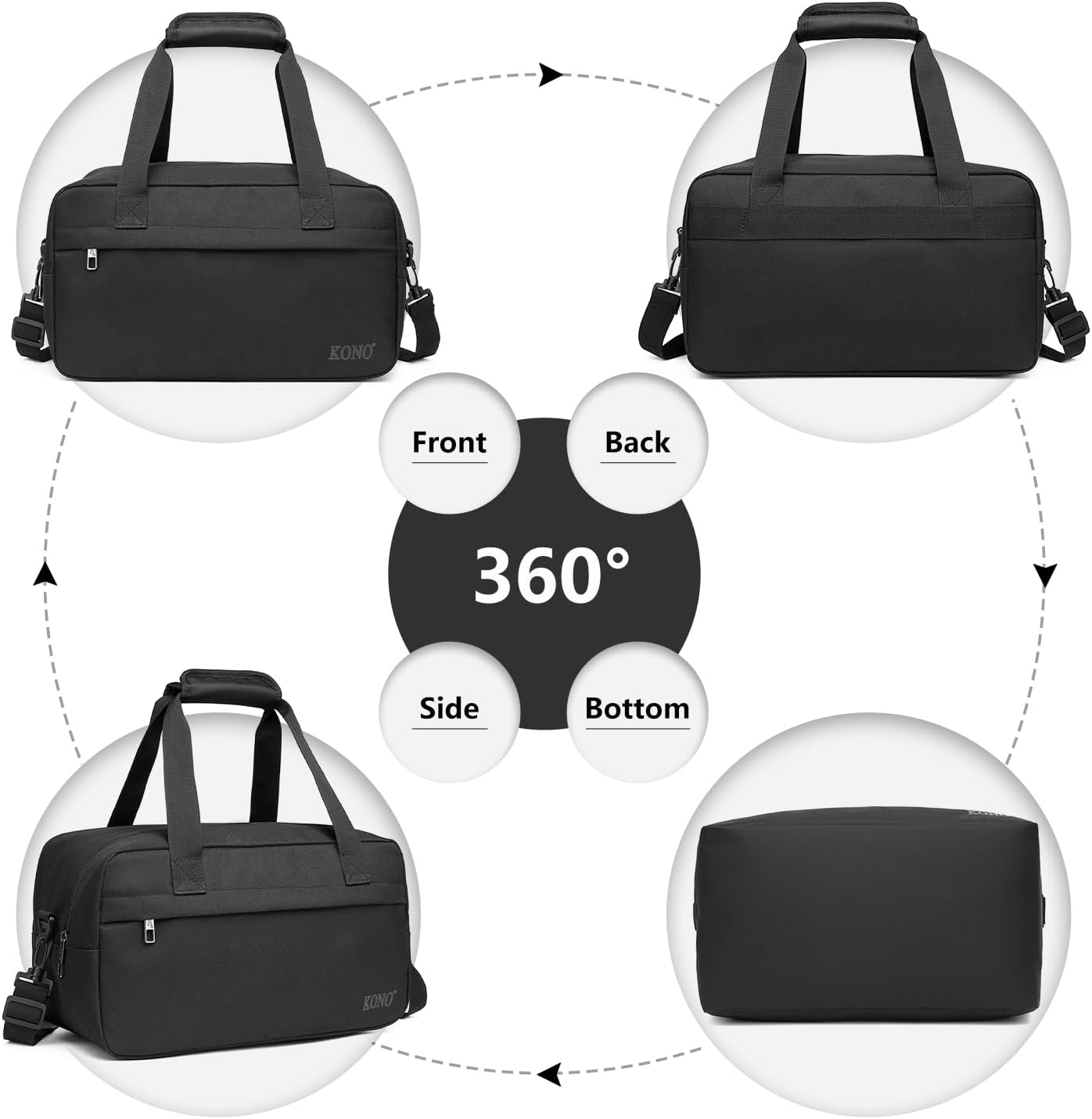 Kono Travel Duffel 13.78"x7.87"x7.87" Under Seat Carry-On 14L Sports Tote Gym Weekender Overnight Bag Extra Small, Black