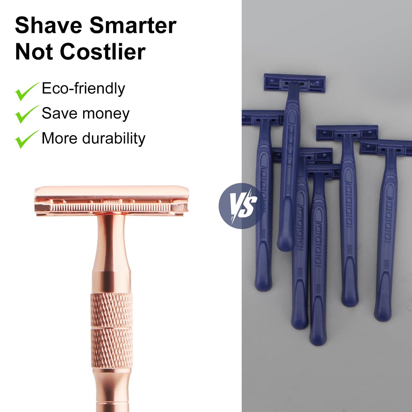 Rose Gold Double Edge Safety Razor with Stand, Single Blade Razors for Women and Men, Reusable Metal Razor, with 10 Double Edge Blades, Smooth & Close Shave, Plastic Free