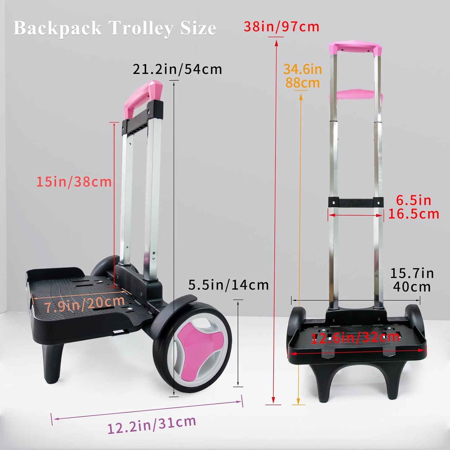 Backpack Trolley Cart with Stair-Climbing Wheels – Foldable Aluminum Frame, Adjustable Handle and 77 lbs Capacity – Quiet Large Wheels with Edge Guard – Pink – Fits Travel Bags, Book Bags, Shopping