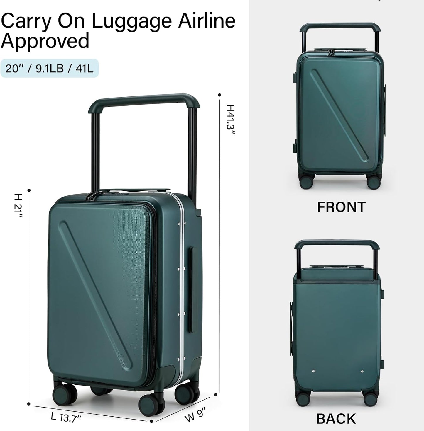 MILADA Wide Handle Carry On Luggage with Front Pocket Hardshell 20 Inch Front Opening Luggage with