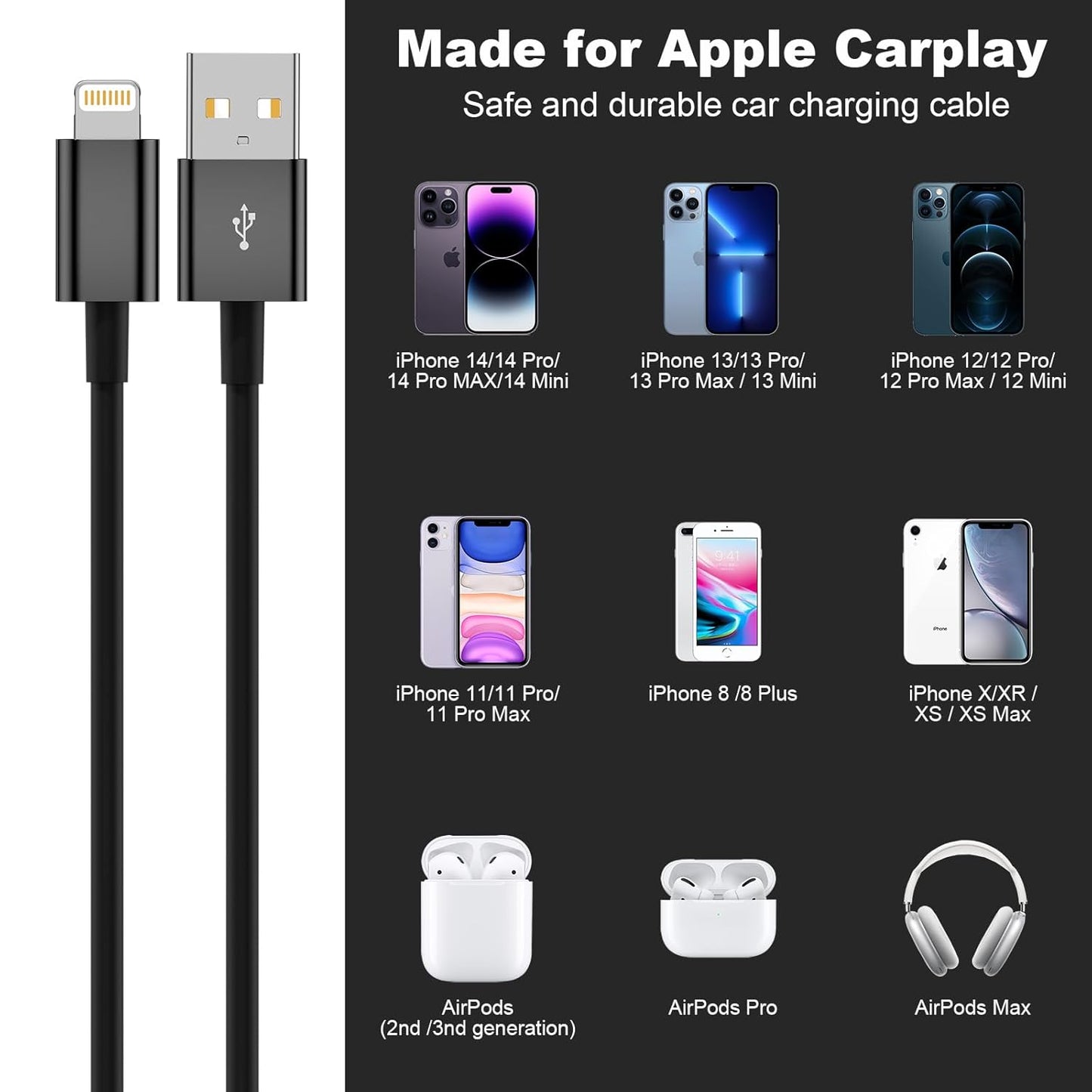 Car Carplay Cable, USB A to Lightning Cable 3FT Compatible with iPhone 14 13 12 11 Pro Max XR XS X Charger Cord，Car Charging Cord（Black）