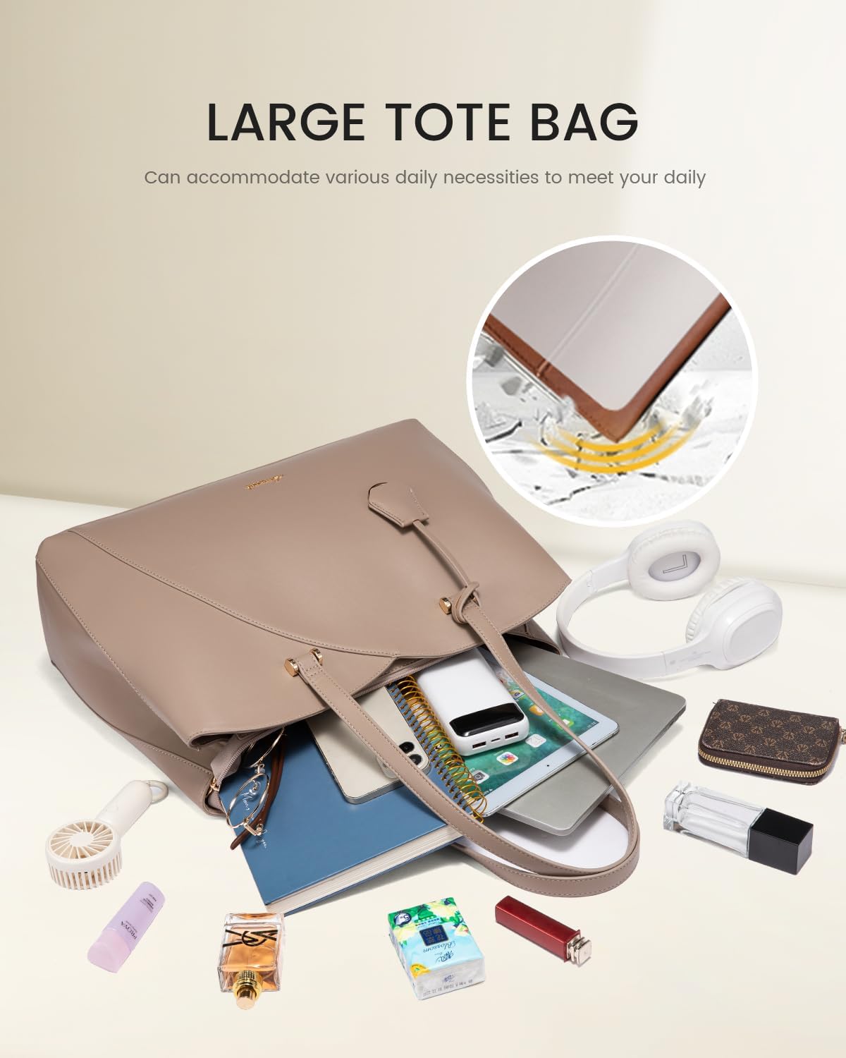 LOVEVOOK Teacher Tote Bag for Women, Work Bags Laptop Bag, Professional 15.6 Inch Leather Computer Bag, Large Purses Handbag Briefcase, Taupe