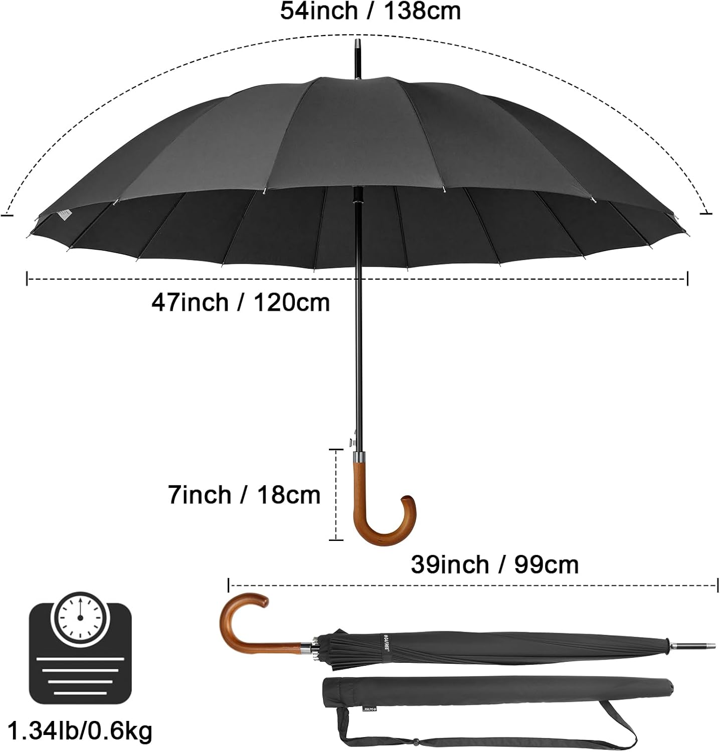 G4Free 54 Inch Large Windproof Umbrella for 2 Persons, 16 Ribs Auto Open Classic Wooden J Handle Cane Stick Golf Rain Umbrellas for Men Women Travel 120cm