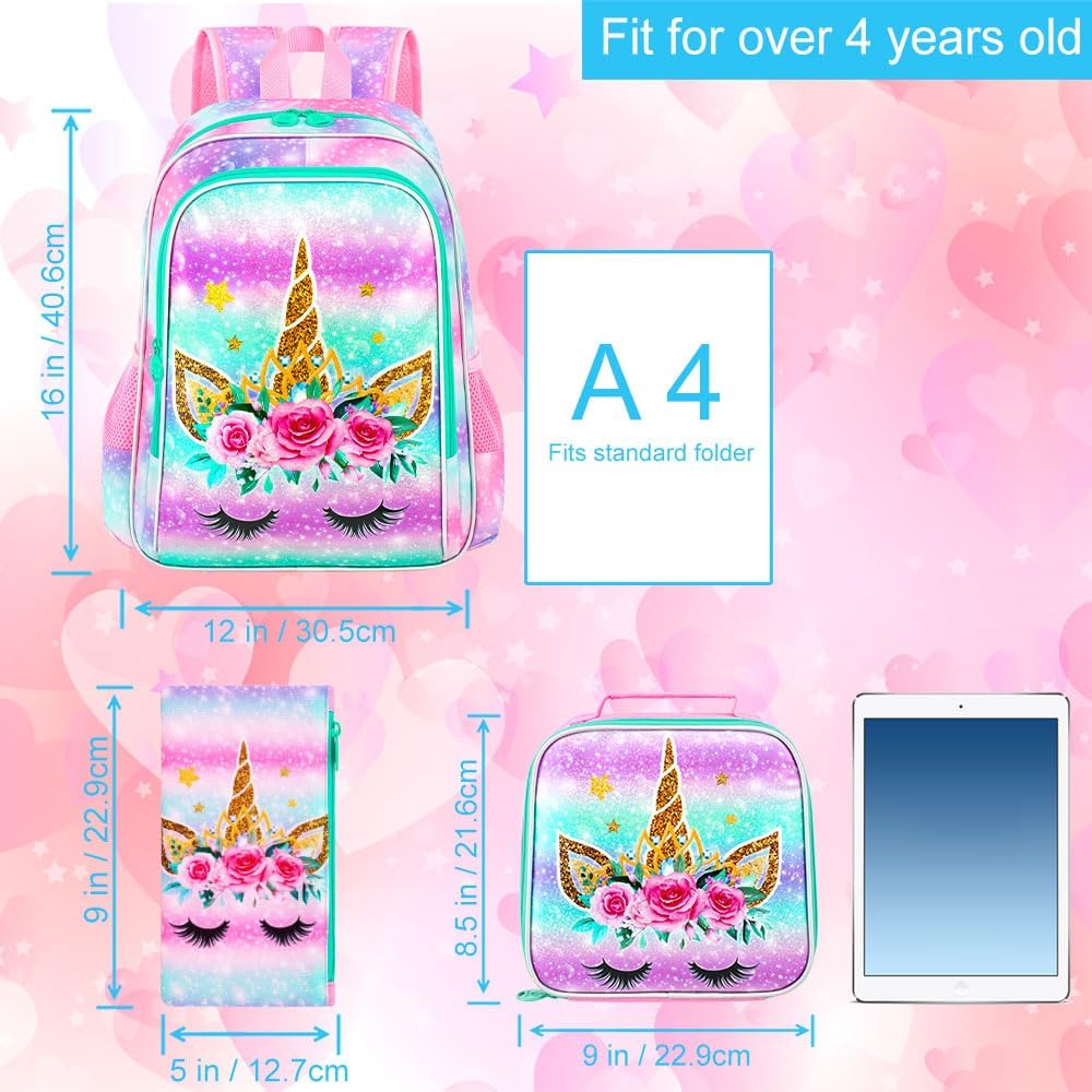 CCJPX 3PCS Unicorn Backpack for Girls, 16”Kids Bookbag with Lunch Box, Cute Water Resistant