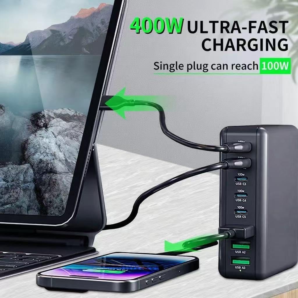400W USB C Charger Block 8 Port Fast Charging Station with iWatch Fast Wireless Charger Upgraded 9 in 1 GaN III PD 100W Laptop Charger Adapter Compatible with MacBook Pro/Air, iPhone16/15, Galaxy