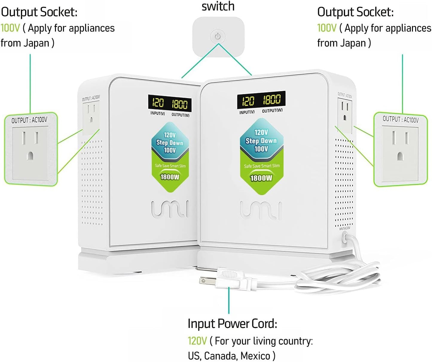 UMI 1800 Watt Voltage Converter Transformer - Heavy Duty Step Down AC 120V to 100V Power Converter - for Japan Appliances Use in US Canada Mexico – CE Certified [3-Year Warranty]