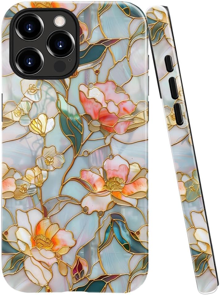 Case for iPhone 16 Pro Max - Slim Fit Anti-Scratch Phone Case for Girl Women - Stained Glass Aesthetic Flowers (Glossy)
