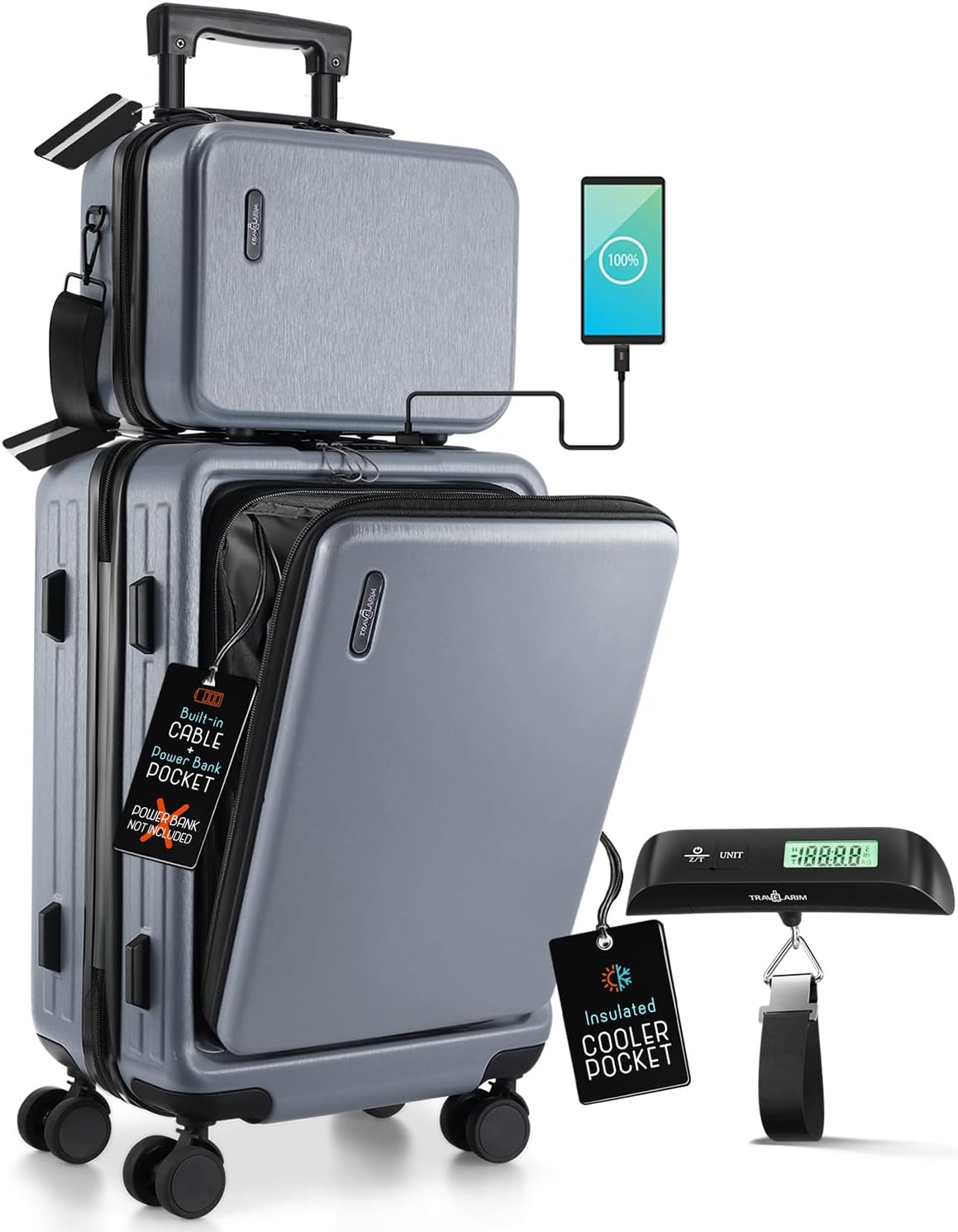 22 Inch Carry On Luggage 22x14x9 Airline Approved, Small Carry On Suitcase, Hard-shell Carry-on Luggage with Wheels, Durable Grey Luggage Carry-On with Cosmetic Case and Luggage Scale