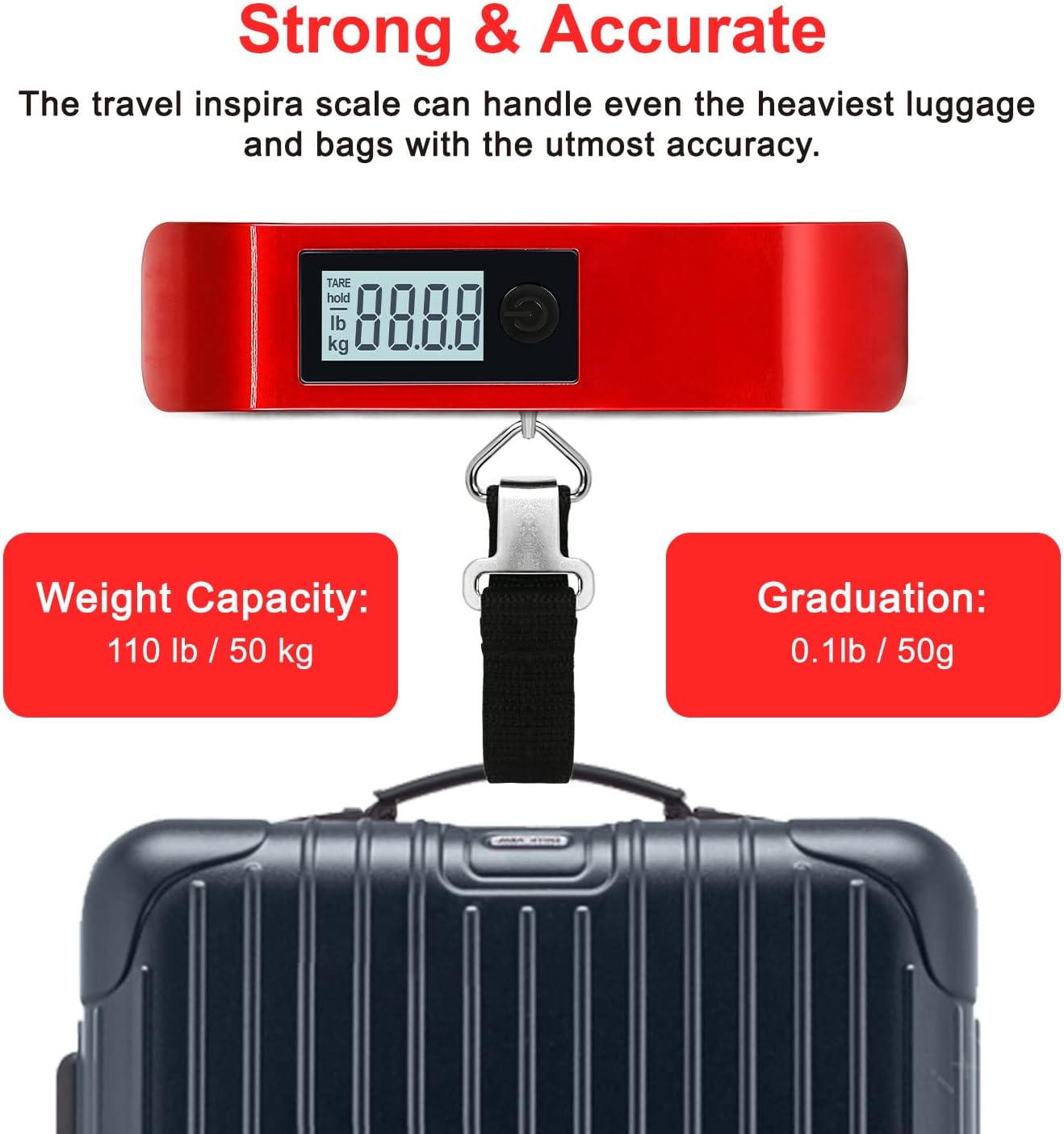 travel inspira Luggage Scale, Portable Digital Hanging Baggage Scale for Travel, Suitcase Weight Scale with Rubber Paint, 110 Pounds, Battery Included
