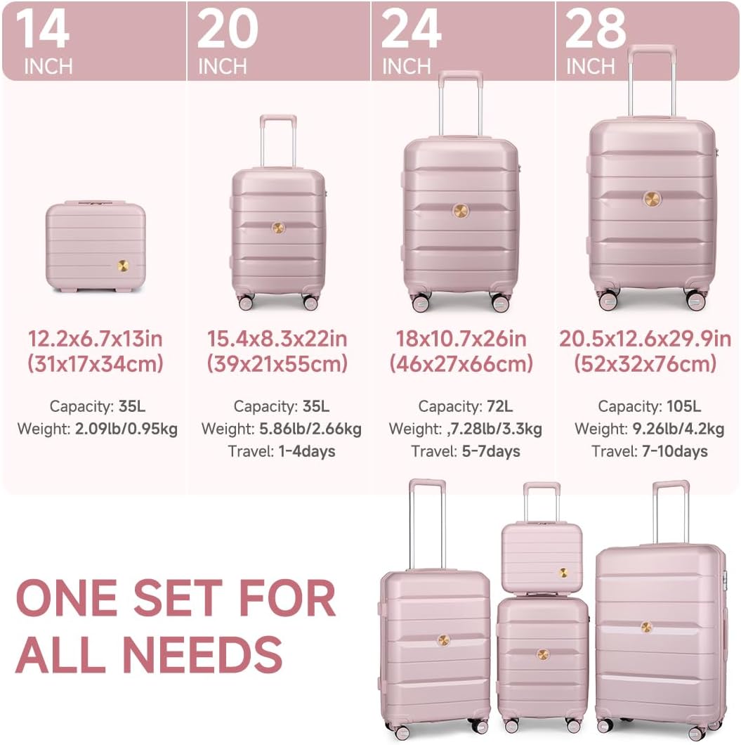 Somago Luggage Sets and Packing Cube Travel Set Lightweight Hardside Polypropylene Suitcases with Double Spinner Wheels and TSA Lock,Nude Pink