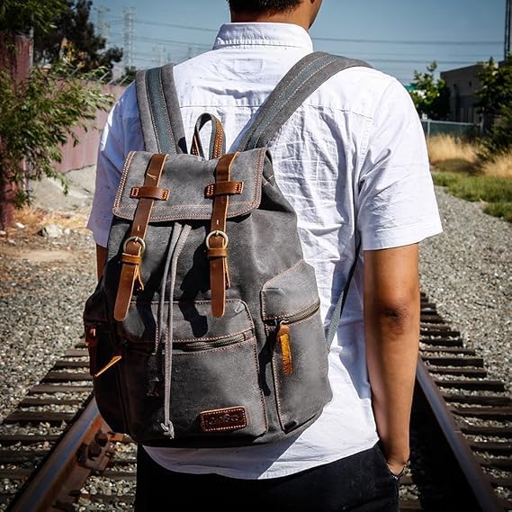 GEARONIC Vintage Canvas Backpack, Casual Daypack Backpacks for Men Women, 15inch Laptop Bag Travel Hiking Camping Rucksack