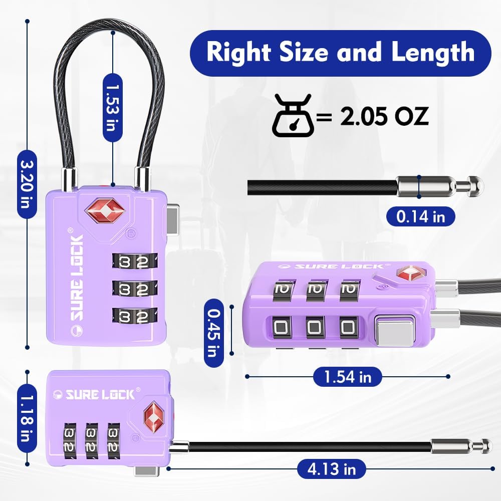 SURE LOCK TSA Compatible Travel Luggage Locks, Inspection Indicator, Easy Read Dials TSA Approved with Zinc Alloy (2, Purple 2 Pack)