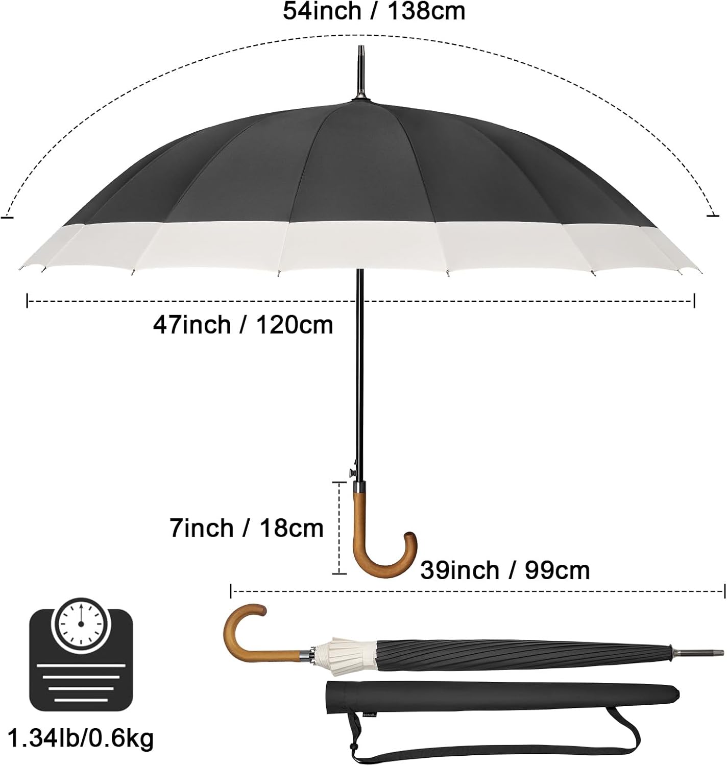 G4Free 54 Inch Large Windproof Umbrella for 2 Persons, 16 Ribs Auto Open Classic Wooden J Handle Cane Stick Golf Rain Umbrellas for Men Women Travel 120cm