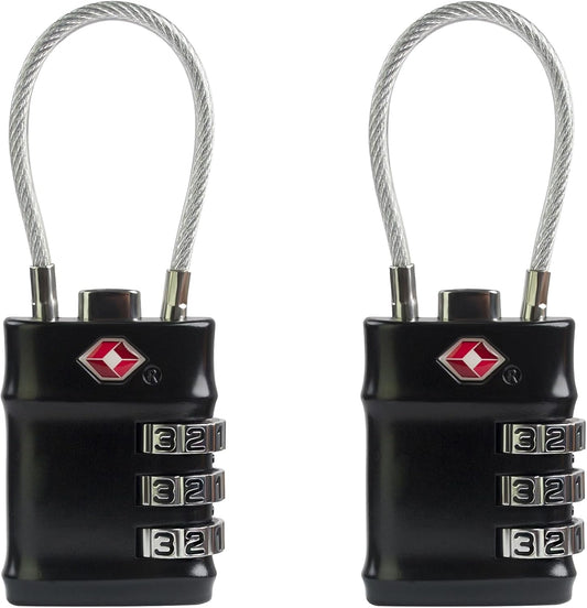 TSA Locks for Luggage, 3 Digit Combination Padlock, Luggage Locks TSA Approved 2 Pack, Combo Cable Padlocks with Code, for Gym Locker, Suitcase, Gun Case, Backpack Zipper (Black+Black)