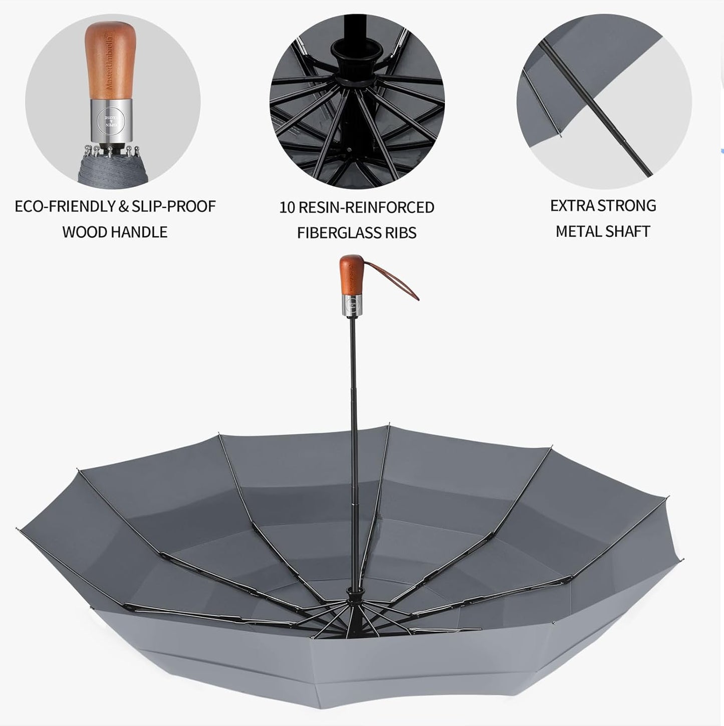 Umbrellas for Rain, Heavy-Duty Windproof Travel Umbrella — Auto Open/Close, Vented Triple-Layer Canopy, 10 Fiberglass Ribs, Folding Design, Large Coverage, Wooden Handle