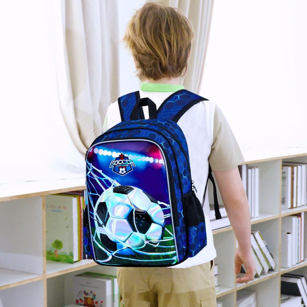 gxtvo 3PCS Soccer Backpack for Boys, 16" Kids Football Bookbag with Lunch Box, Water Resistant Elementary Preschool Toddler School Bag