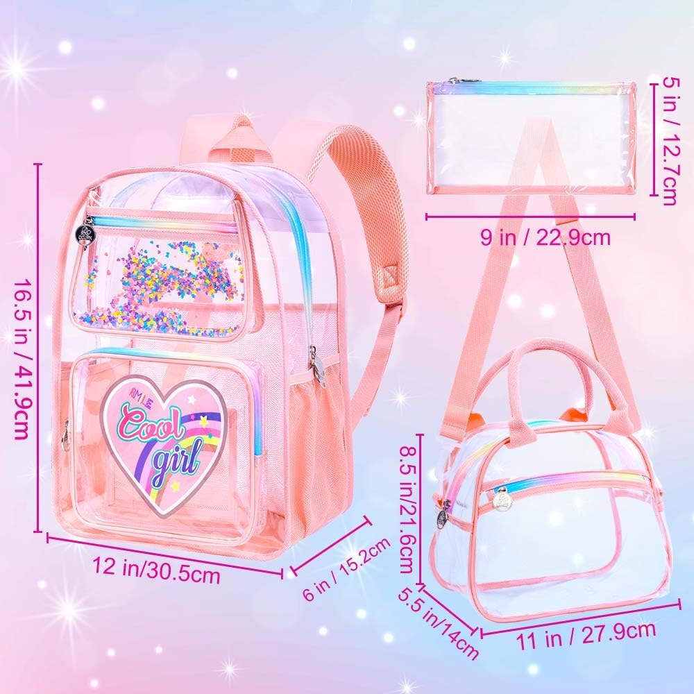 3PCS Clear Backpack Heavy Duty, Cute Sequins Transparent Bookbag with Handbag for Girls, Womens Pink See Through School Bag