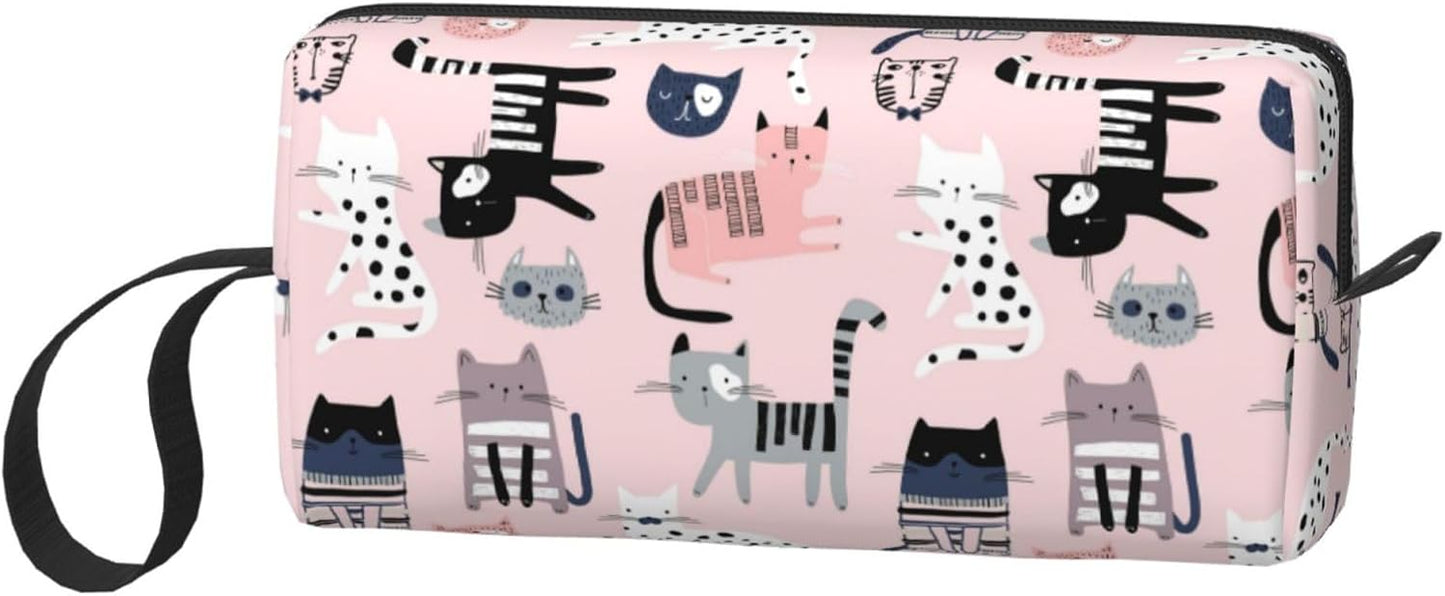 Cute Cats Makeup Bag Small Organizer Small Pink Travel Cosmetic Bags Compact Durable Oxford Fabric Multi-Purpose Storage Perfect for Travel, Gym, Daily Use