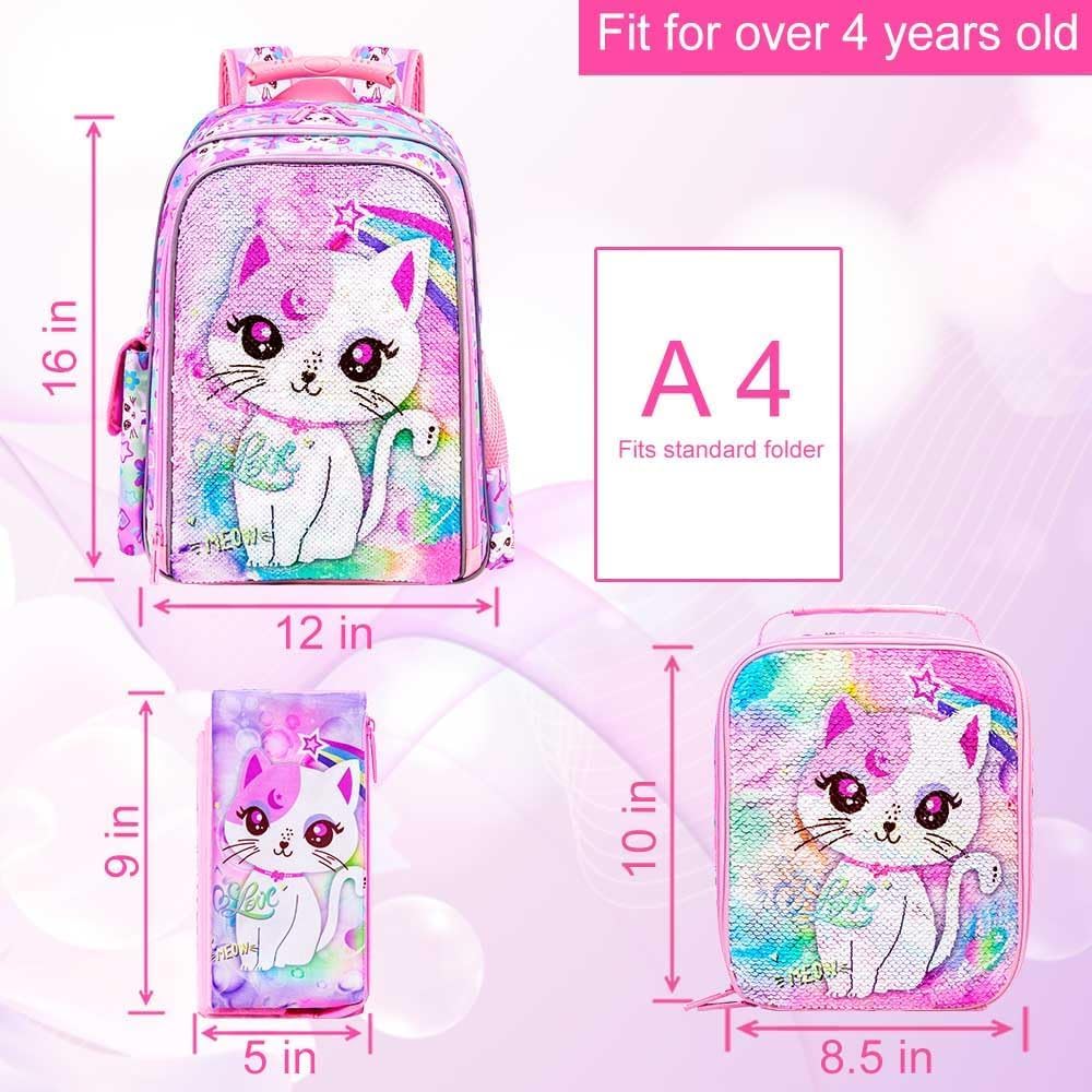 KLFVB 3PCS Cat Uni Dinosaur Backpack for Girls and Boys, 16" Kids Bookbag and Lunch Box, Preschool