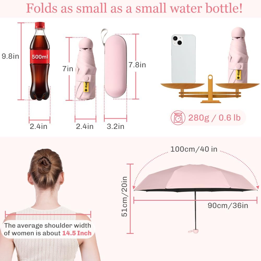 TOPSAIL Mini Umbrella Compact for Travel, UV Sun Protection(UPF50+), Waterproof for Light Rain