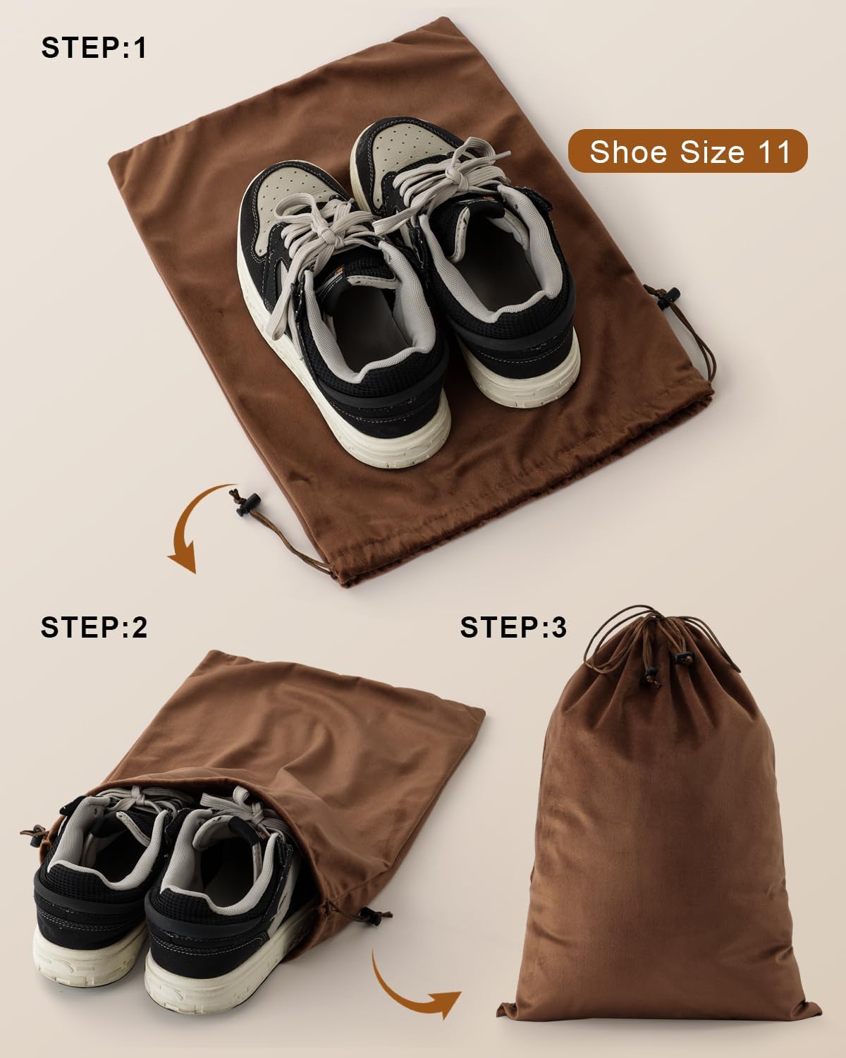 FantasyLife Shoe Bags for Travel, 4 PCS Washable Dust Bags for Storage & Packing, Flannel Shoe Pouch with Drawstring Closure for Purses, Handbags, Shoes & Toys (Mocha Mousse)